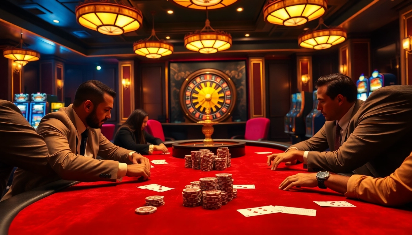 Engage in a thrilling poker game at fun79 casino, surrounded by vibrant gaming visuals.