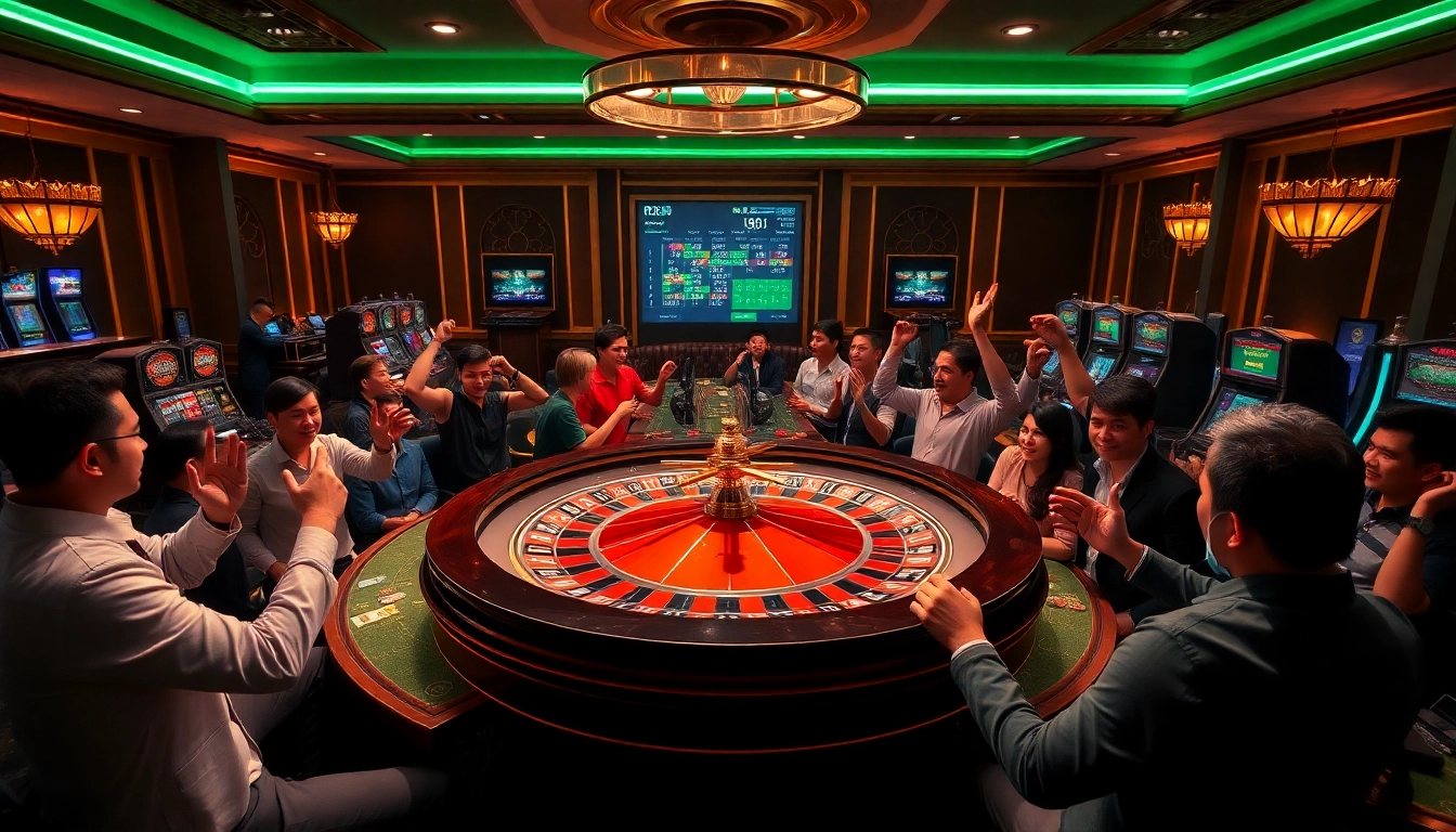 Engage in thrilling games at https://rr88me.com/ with an exciting roulette table surrounded by enthusiastic players.