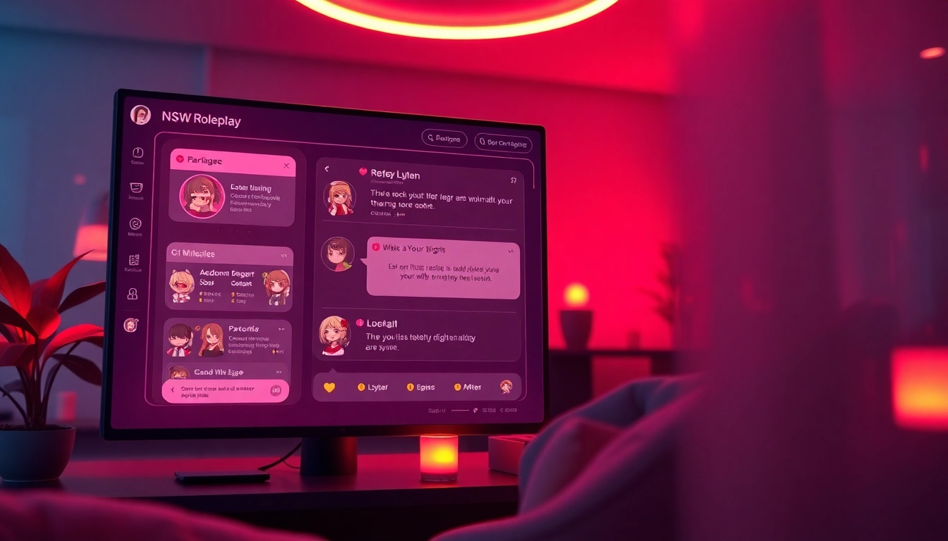 NSFW roleplay interactive chat interface with engaging character illustrations and playful emojis.