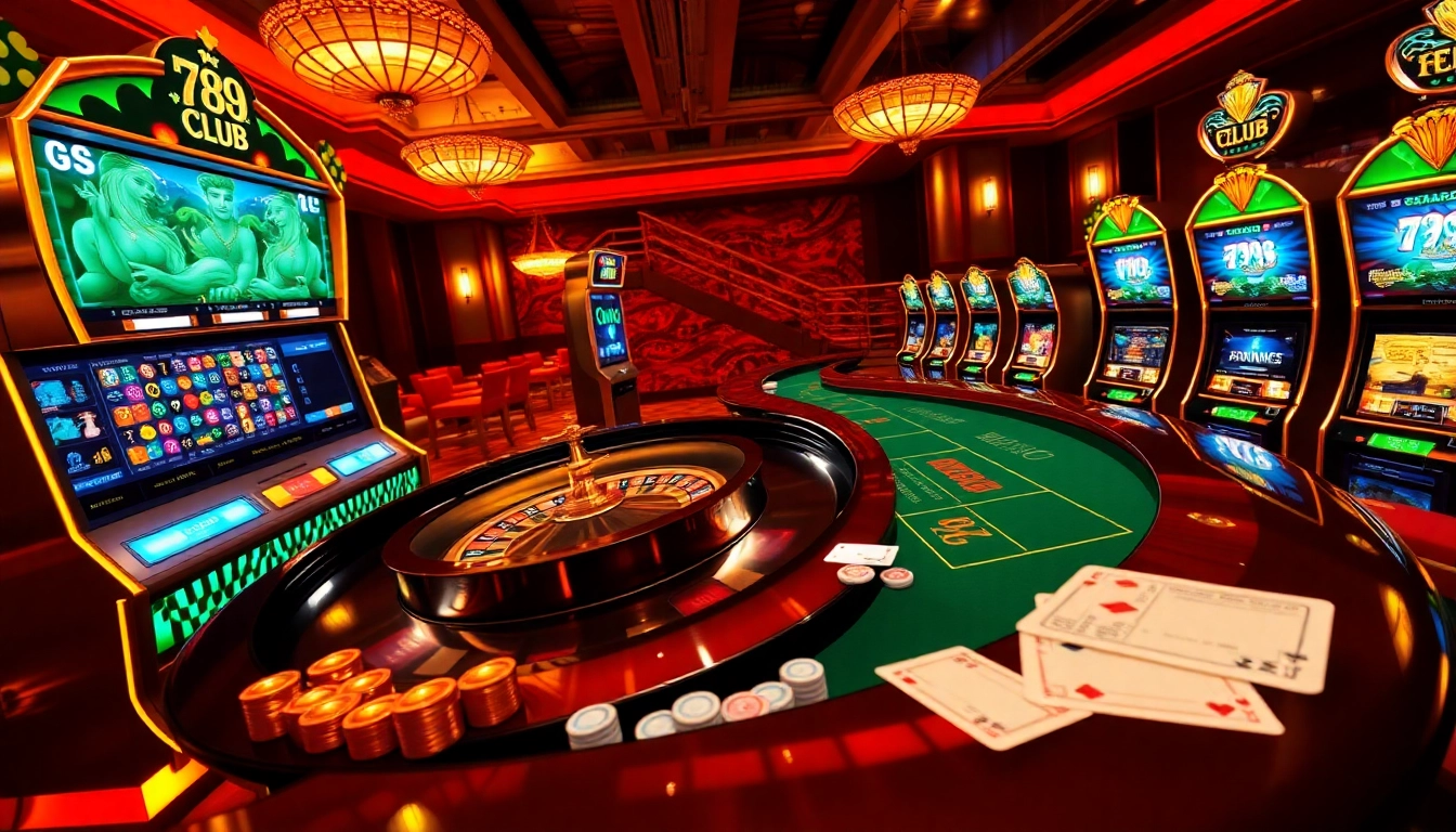 Experience the excitement of gaming at 789CLUB with a vibrant casino scene featuring roulette, chips, and cards.