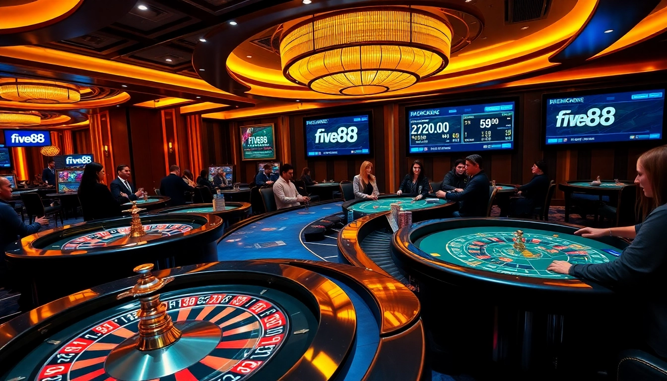 Excited players at five88 casino tables enjoy luxurious gaming experiences with roulette and poker.