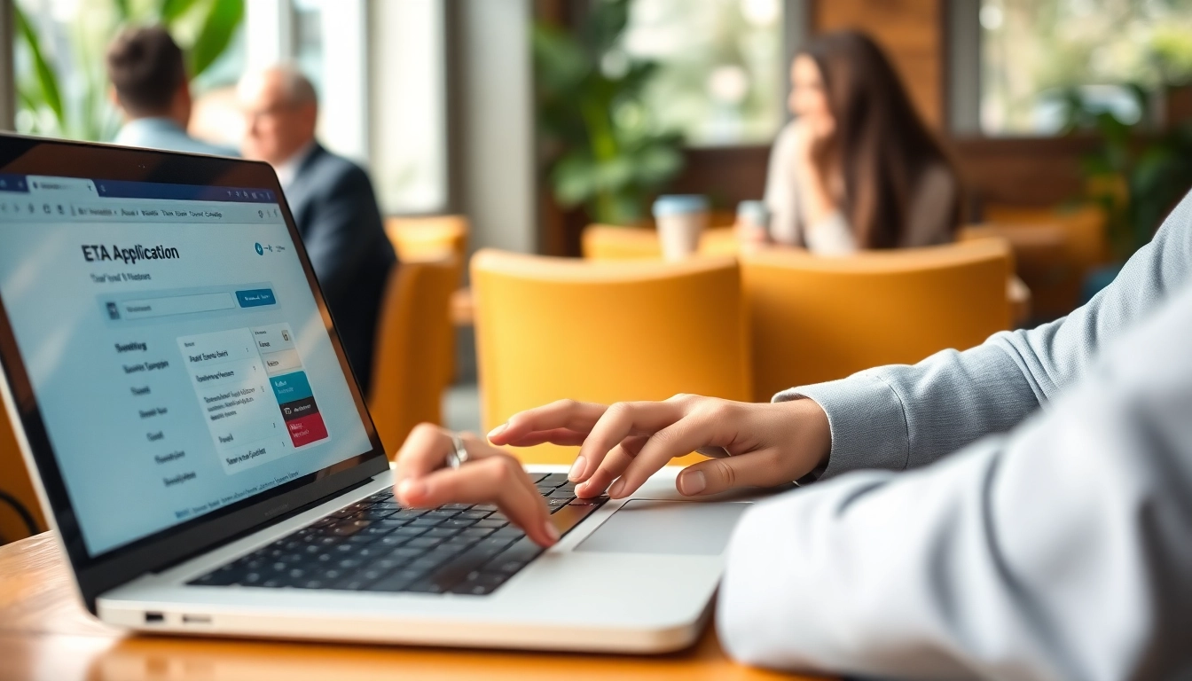 Complete your eta application UK effortlessly in a warm cafe setting with a focused traveler.