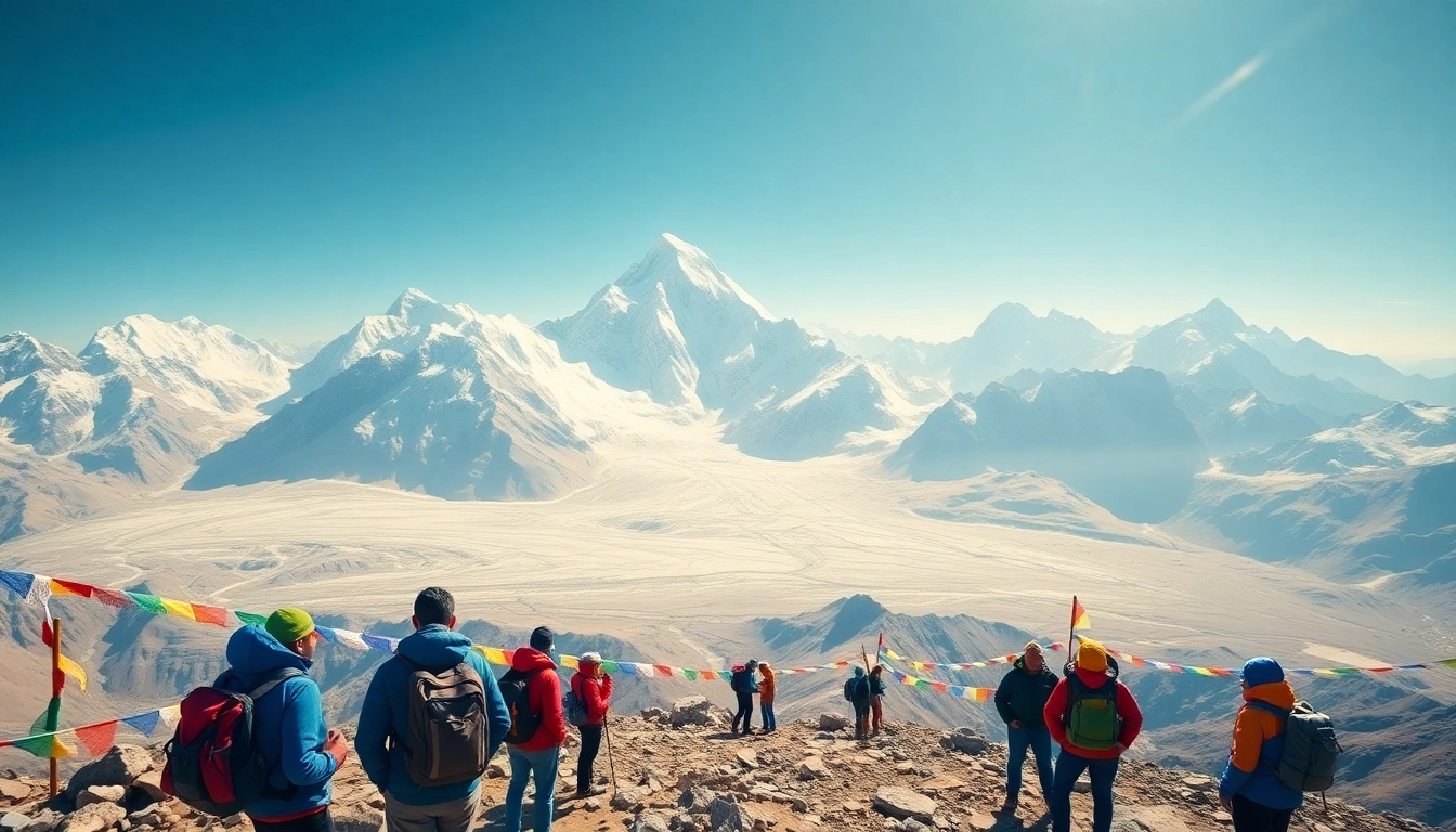 Everest base camp with trekkers capturing memories near the Khumbu Glacier, surrounded by towering peaks and prayer flags.