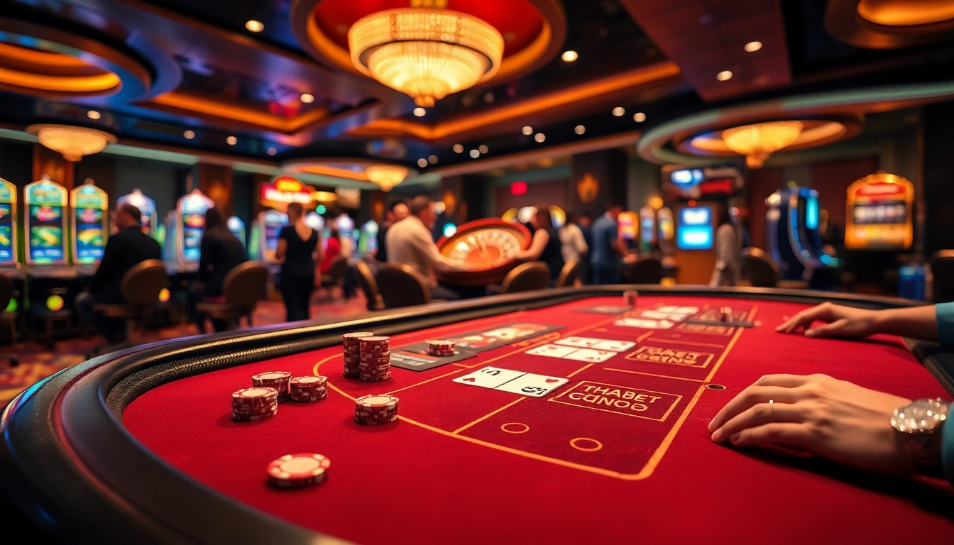 Players enjoying a thrilling game at a THABET blackjack table in a luxurious casino.
