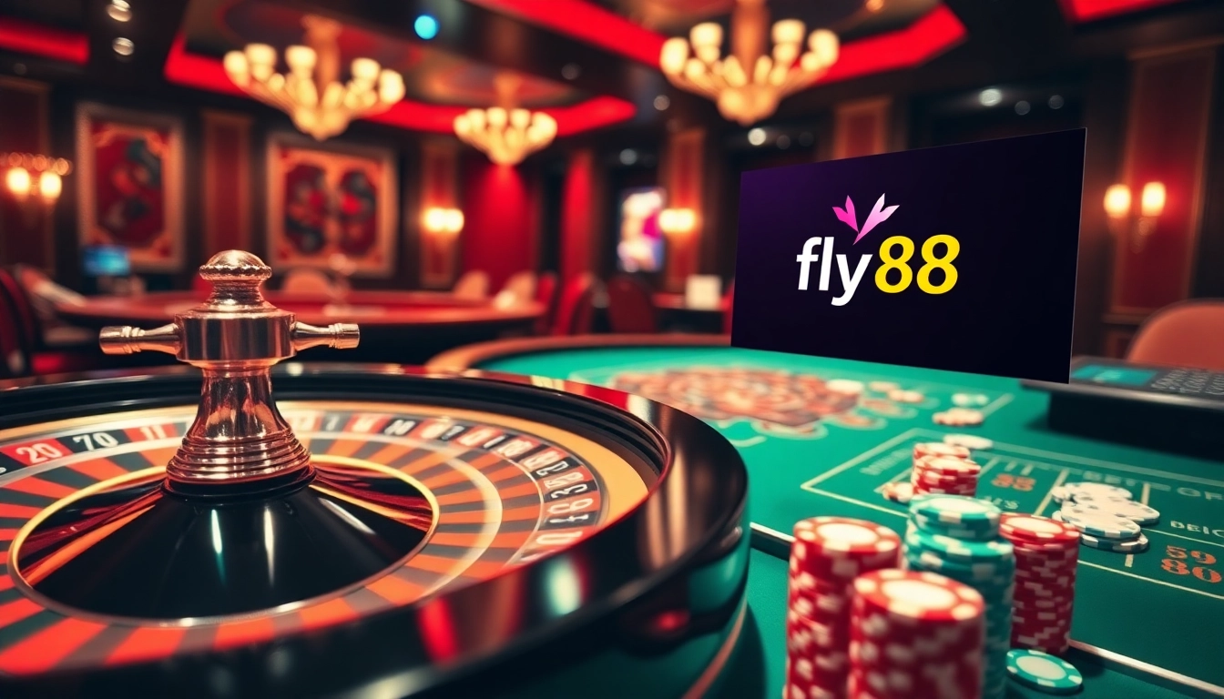 Engaging scene of casino excitement with fly88 branding on a digital interface.