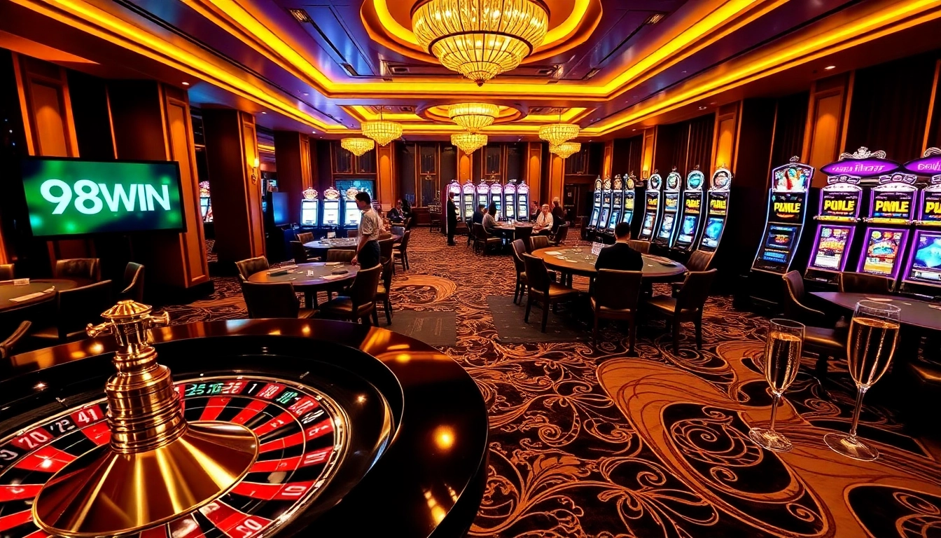 Experience the thrill of 98WIN with players engaged at vibrant casino tables and sparkling roulette wheels.