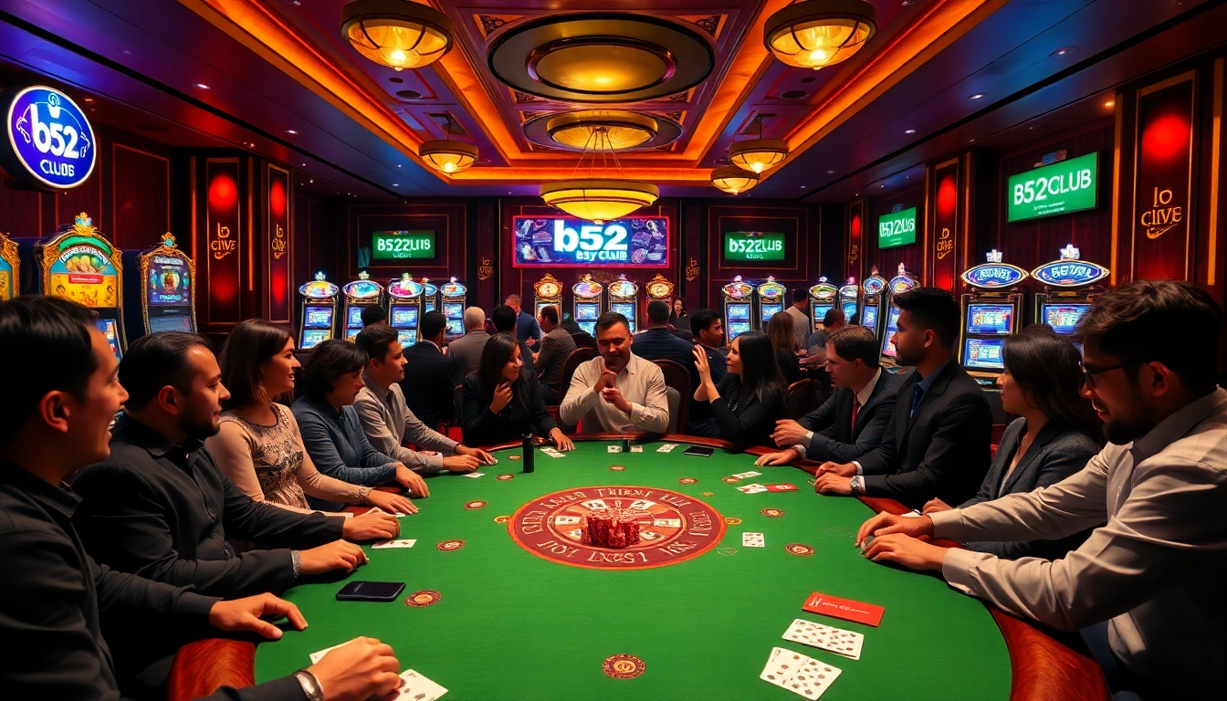 Engage in thrilling games with b52club, where poker players strategize amidst vibrant casino visuals.