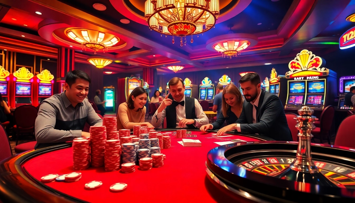 Experience the thrill of betting at 123win vn, with engaged players at a poker table surrounded by vibrant casino elements.