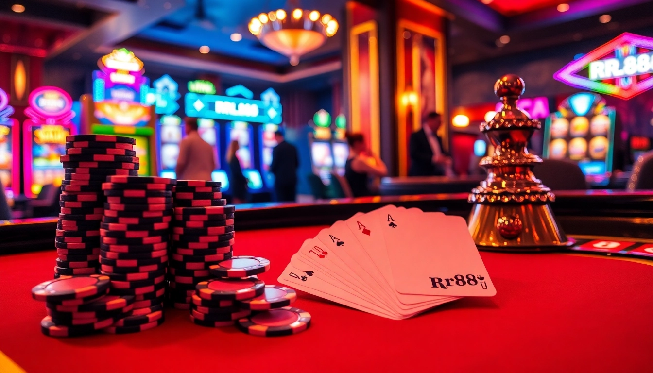 Experience the thrill of gambling at RR88 with vibrant poker chips and cards in a luxurious casino.