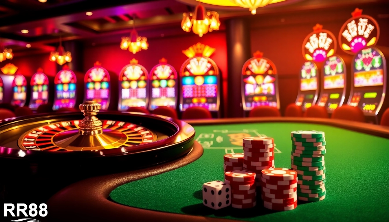 RR88 casino experience with roulette wheel, poker chips, and slot machines.