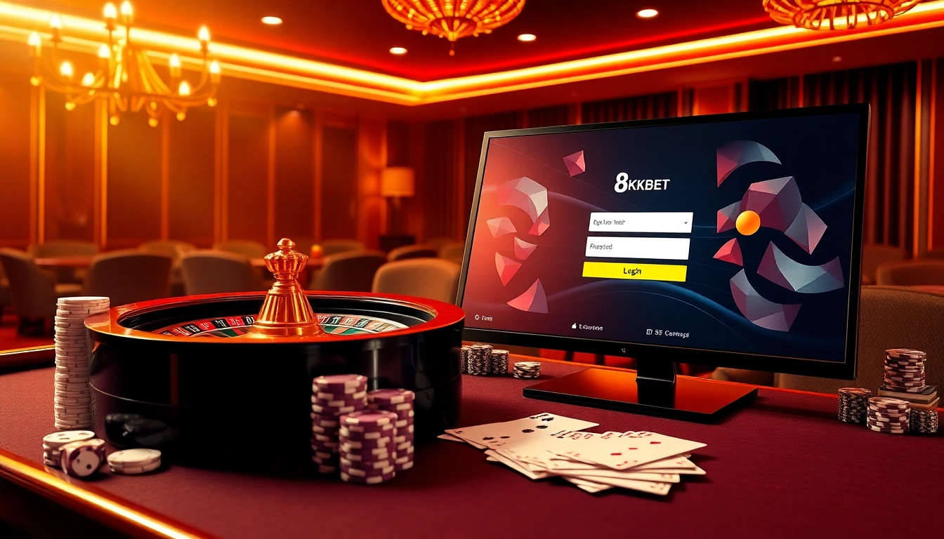 Experience the excitement of 8kbet đăng nhập with immersive casino visuals featuring roulette and cards.