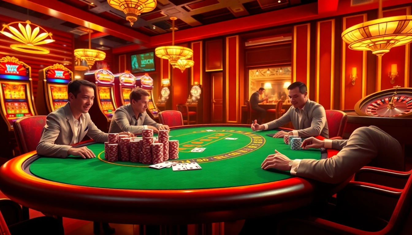 Experience the thrill of gambling at http://luck8f.cn.com/ with a vibrant online poker scene featuring excited players and luxurious decor.