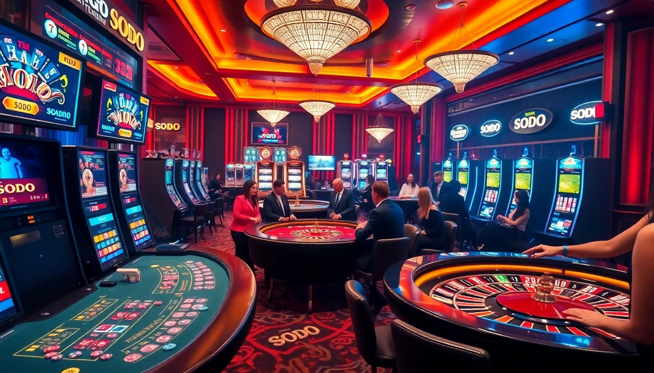 SODO-themed casino scene featuring players at luxurious poker and blackjack tables.