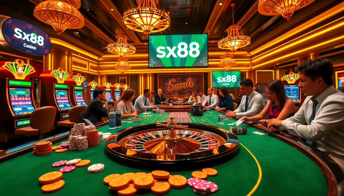 Exciting gameplay at sx88 casino with vibrant colors, chips, and a roulette wheel.
