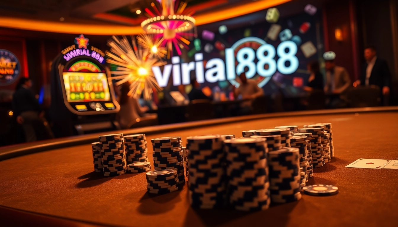 Experience the thrilling gambling atmosphere at viral88 with vibrant casino tables and glowing slot machines.