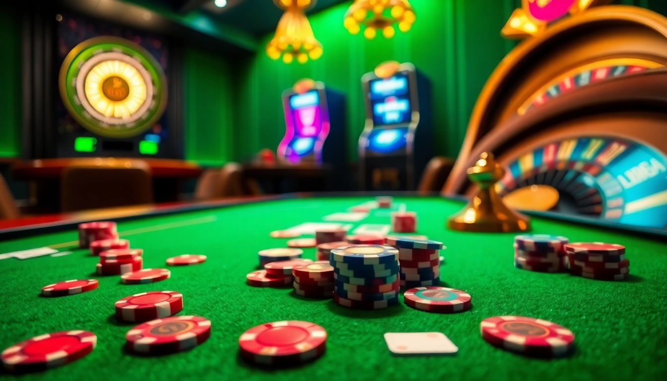 39BET casino scene with vibrant poker chips, playing cards, and a glowing roulette wheel.