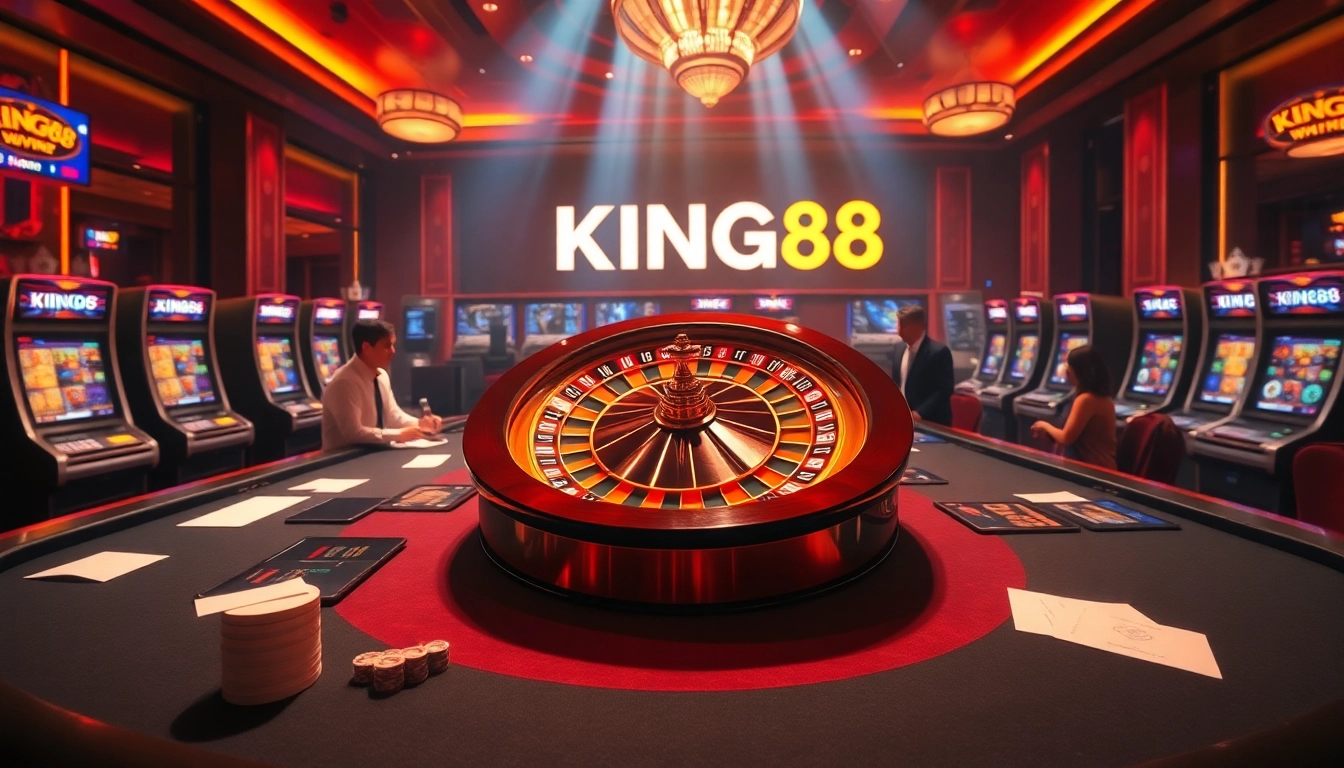 Players enjoying a thrilling game at KING88 Casino, surrounded by energetic slot machines and poker chips.