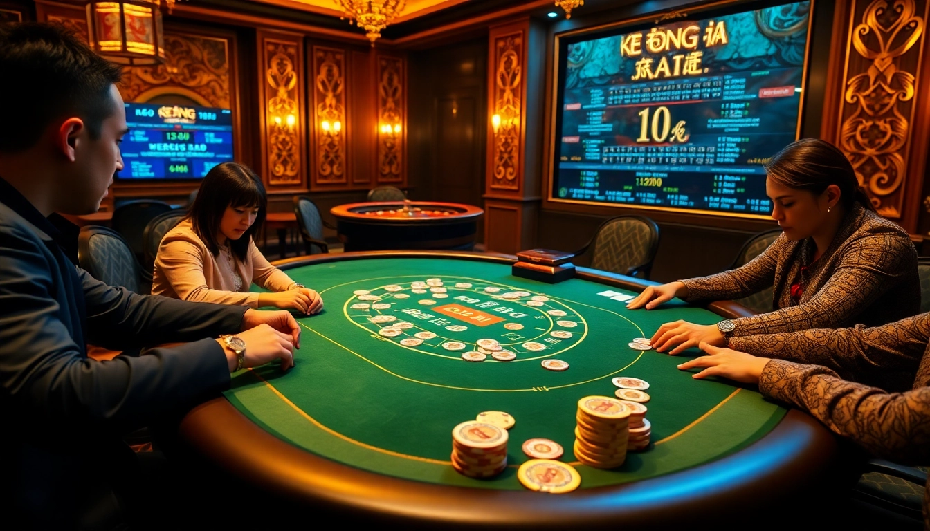 Kèo Bóng Đá themed poker gameplay with chips and digital betting interface in a luxurious casino.