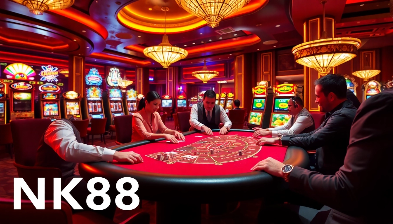 Players strategizing at a blackjack table in the NK88 casino, surrounded by vibrant slot machines.