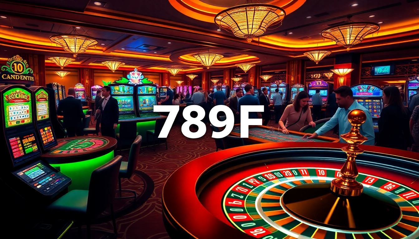 Experience high-stakes gaming at 789F with vibrant slot machines and a roulette table.