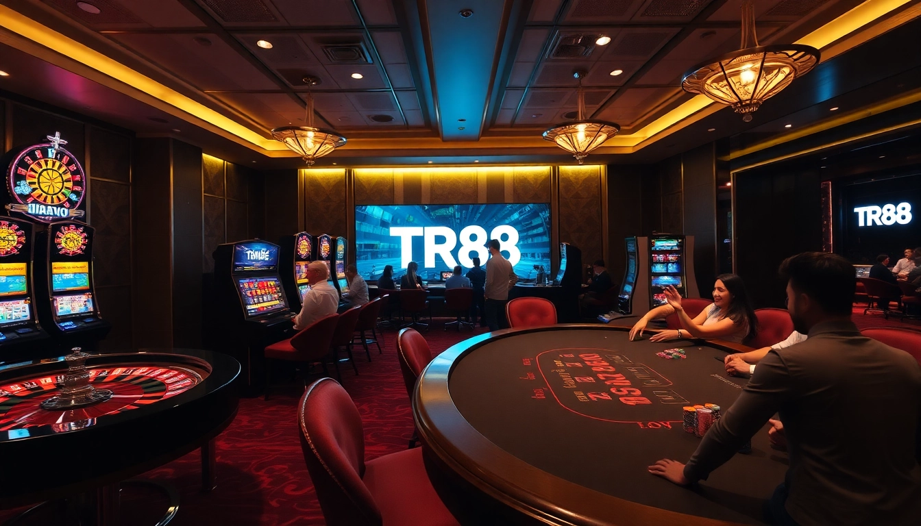 Players enjoying vibrant casino games at TR88, featuring roulette, slots, and poker.