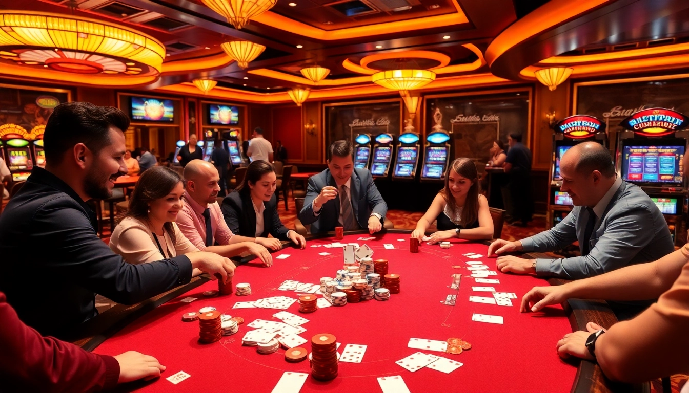 Engaged players at a vibrant 88aa casino poker table with chips and cards.