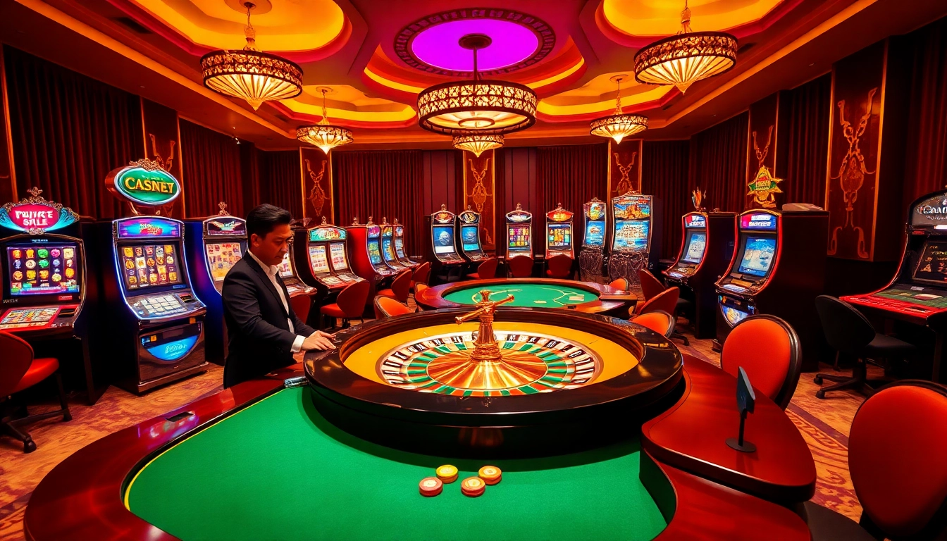 Engage in thrilling bets with the vibrant vibe of a casino at https://pg999.baby/, showcasing roulette tables and slot machines.