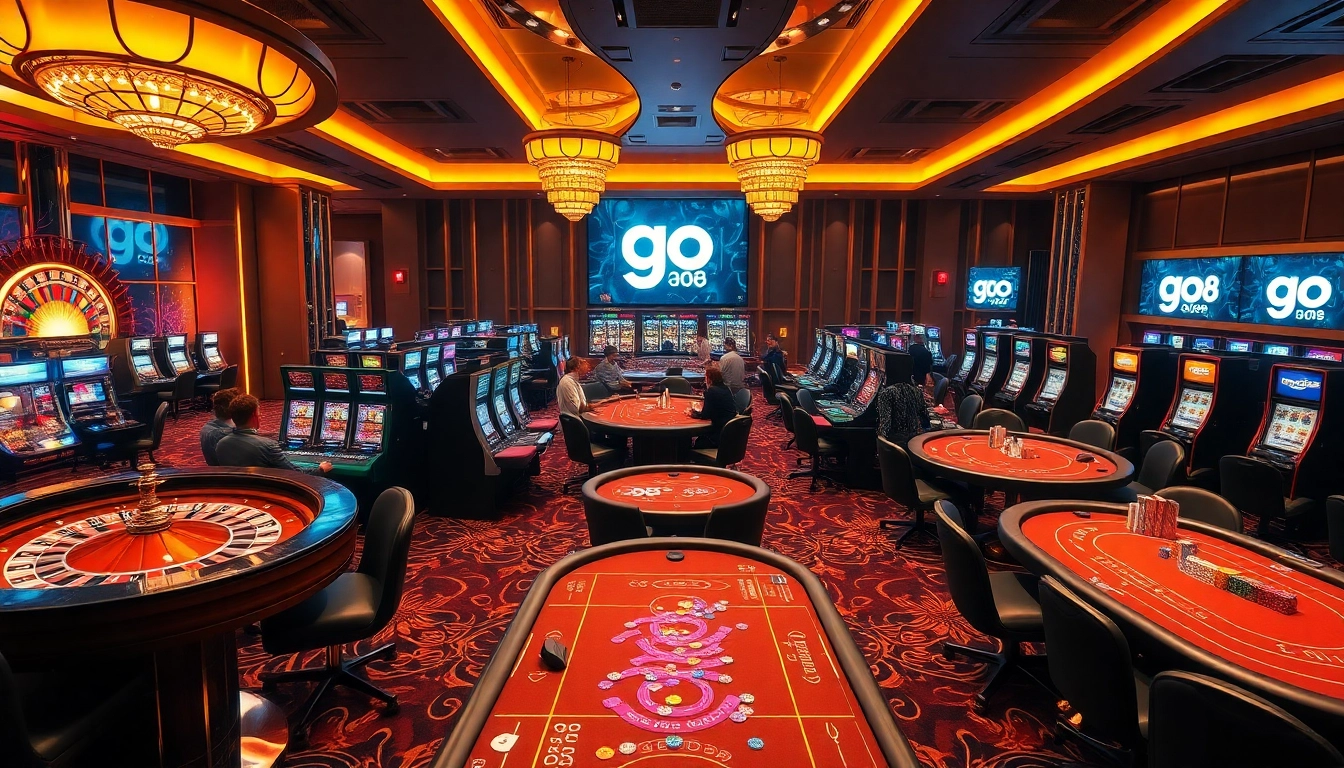 Enjoying a thrilling game at the go 88 casino with vibrant slot machines and poker tables.