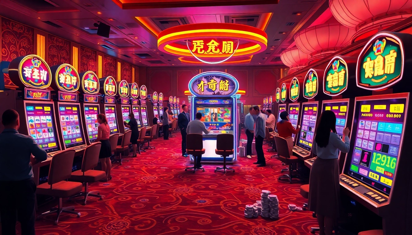 Experience the thrill of nổ hũ as players engage with vibrant slot machines in a luxurious casino.