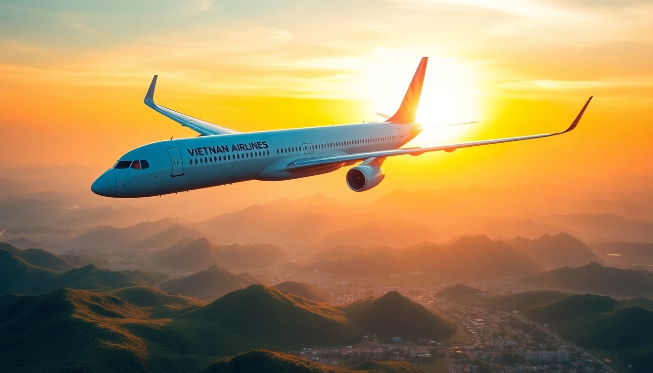 VN168 flight from Vietnam Airlines soaring over stunning landscapes of Vietnam during sunset.