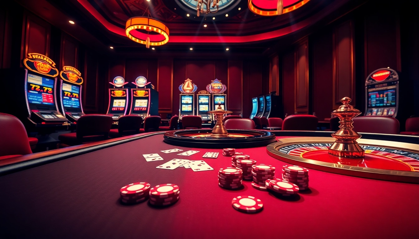 Engaging scene of UU88 casino with poker chips and glowing slot machines showcasing excitement.