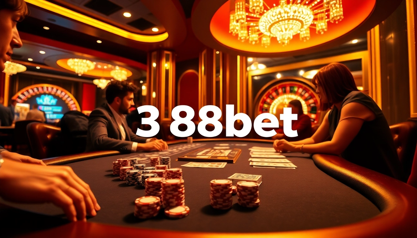 Players engaged in an exciting poker game at 388bet casino table with vibrant chips and cards.