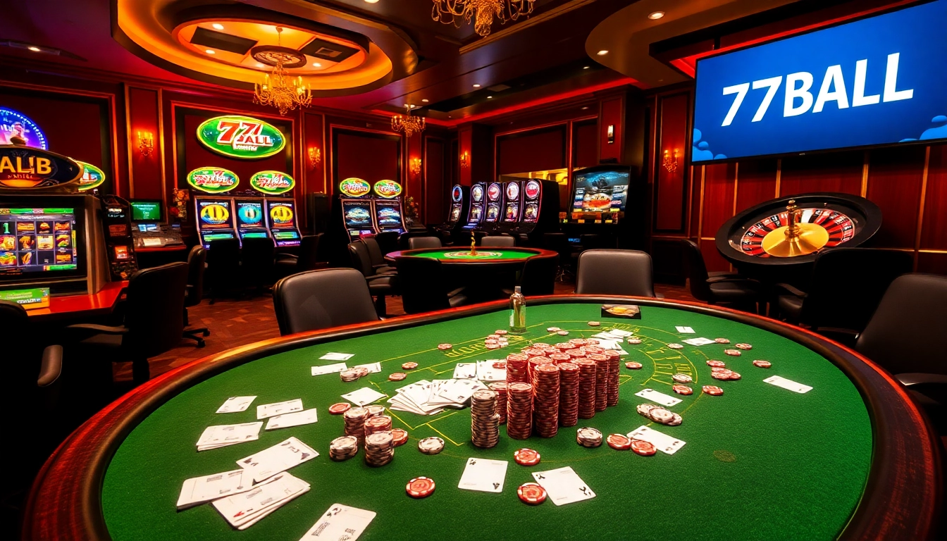 Casino scene with poker game at 77BALL, vibrant slot machines, and roulette wheel spinning.