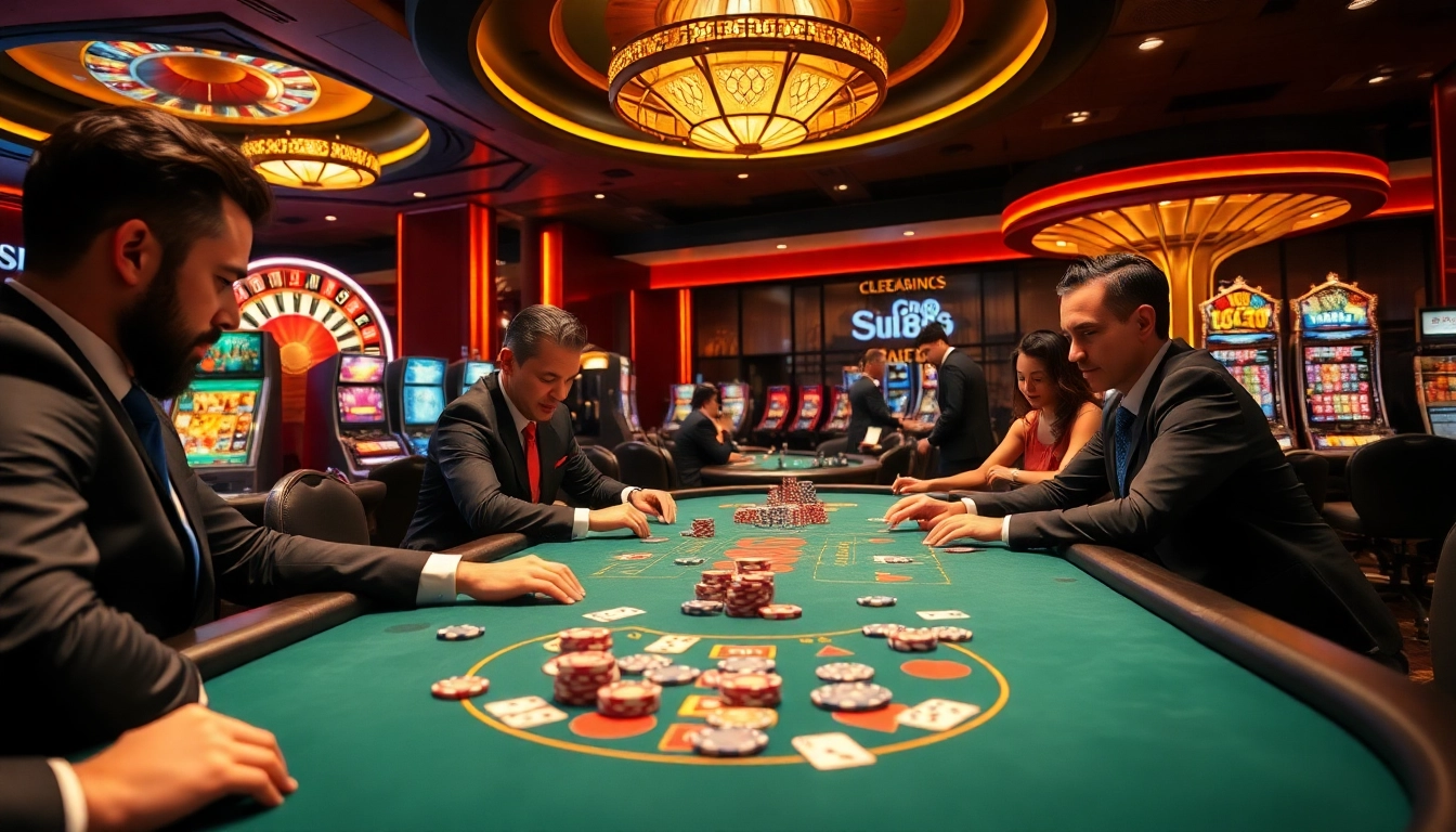 siu88 high-stakes poker gameplay with glamorous casino lighting and vibrant decor