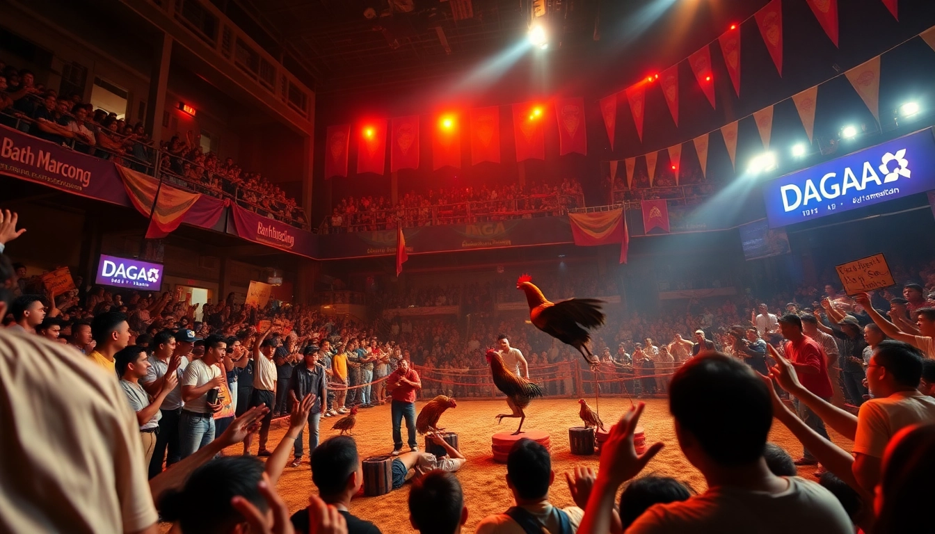 Live cockfighting excitement at dagawin.live with vibrant crowds and thrilling action.