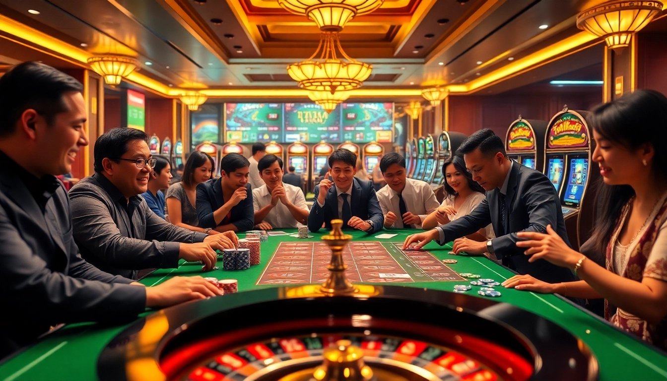 Engaging scene of players enjoying game bài đổi thưởng, surrounded by vibrant casino elements.
