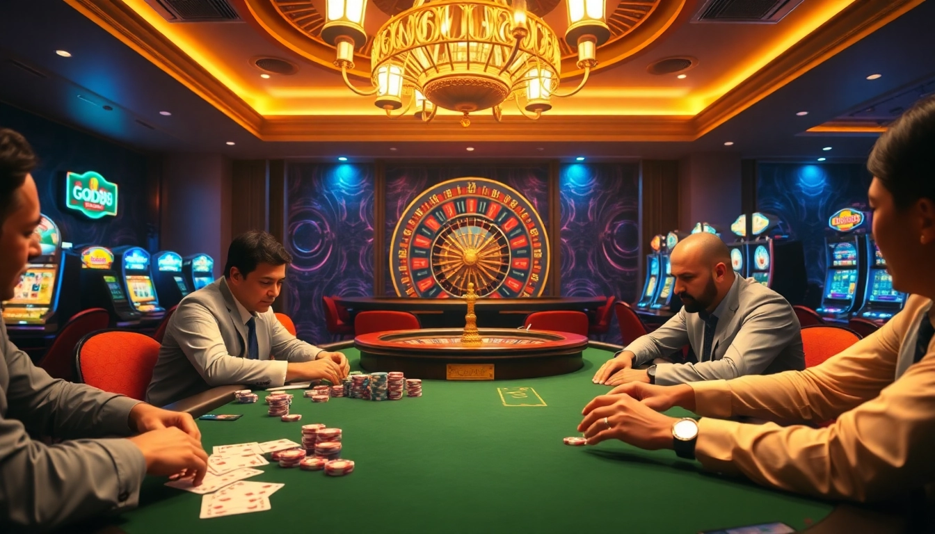 Experience thrilling gameplay at the good88 casino featuring a dynamic poker table and vibrant slot machines.
