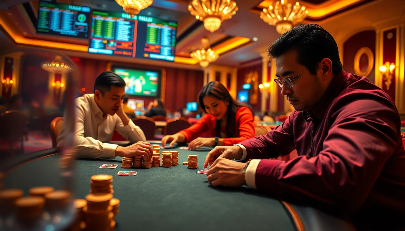 Intense poker game at winvn88.live showcasing players in a luxurious setting