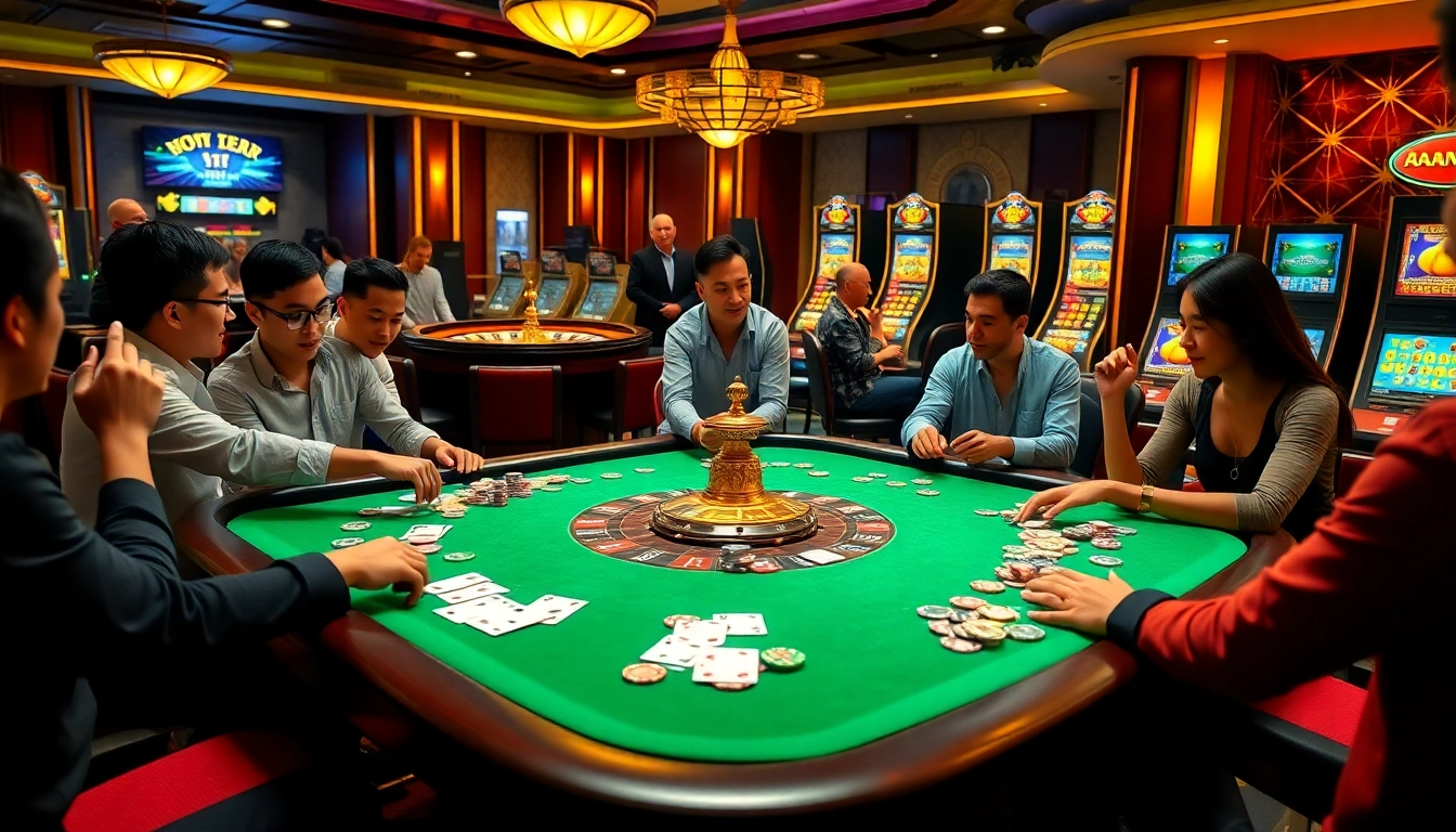 Engaging scene of game bài đổi thưởng players at a luxury casino table with cards and chips.