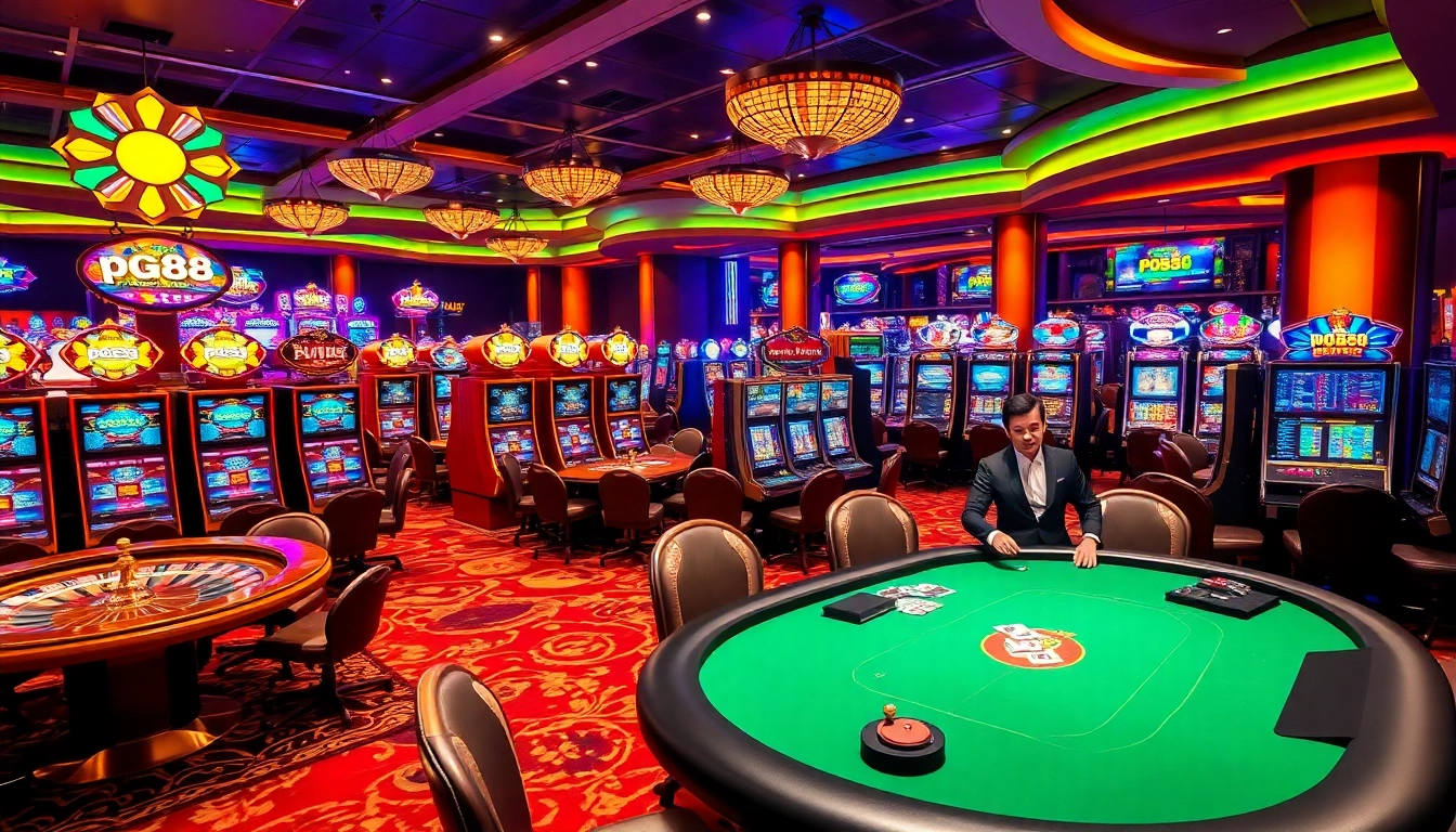 Play pg88 slot machines among a lively casino setting with vibrant colors and engaging games.