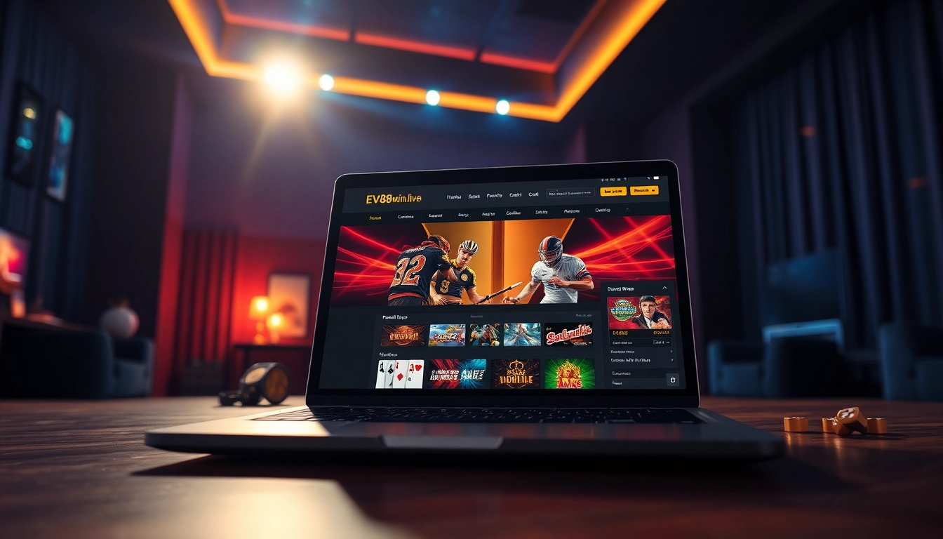 Experience the excitement of ev88win.live with a modern online casino atmosphere showcasing dynamic gaming elements.