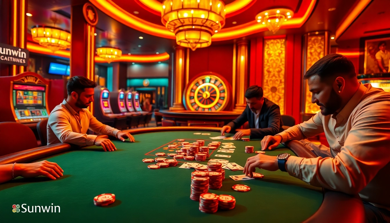 Gamblers enjoying a thrilling moment at a luxurious casino table showcasing SUNWIN elements.