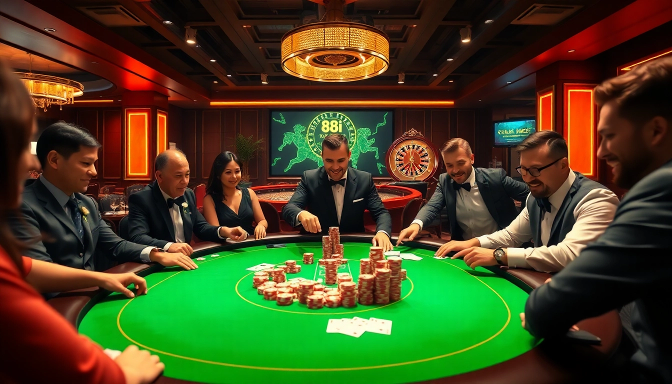 A thrilling casino scene featuring a poker table and game elements highlighting 88i strategy for gamblers.