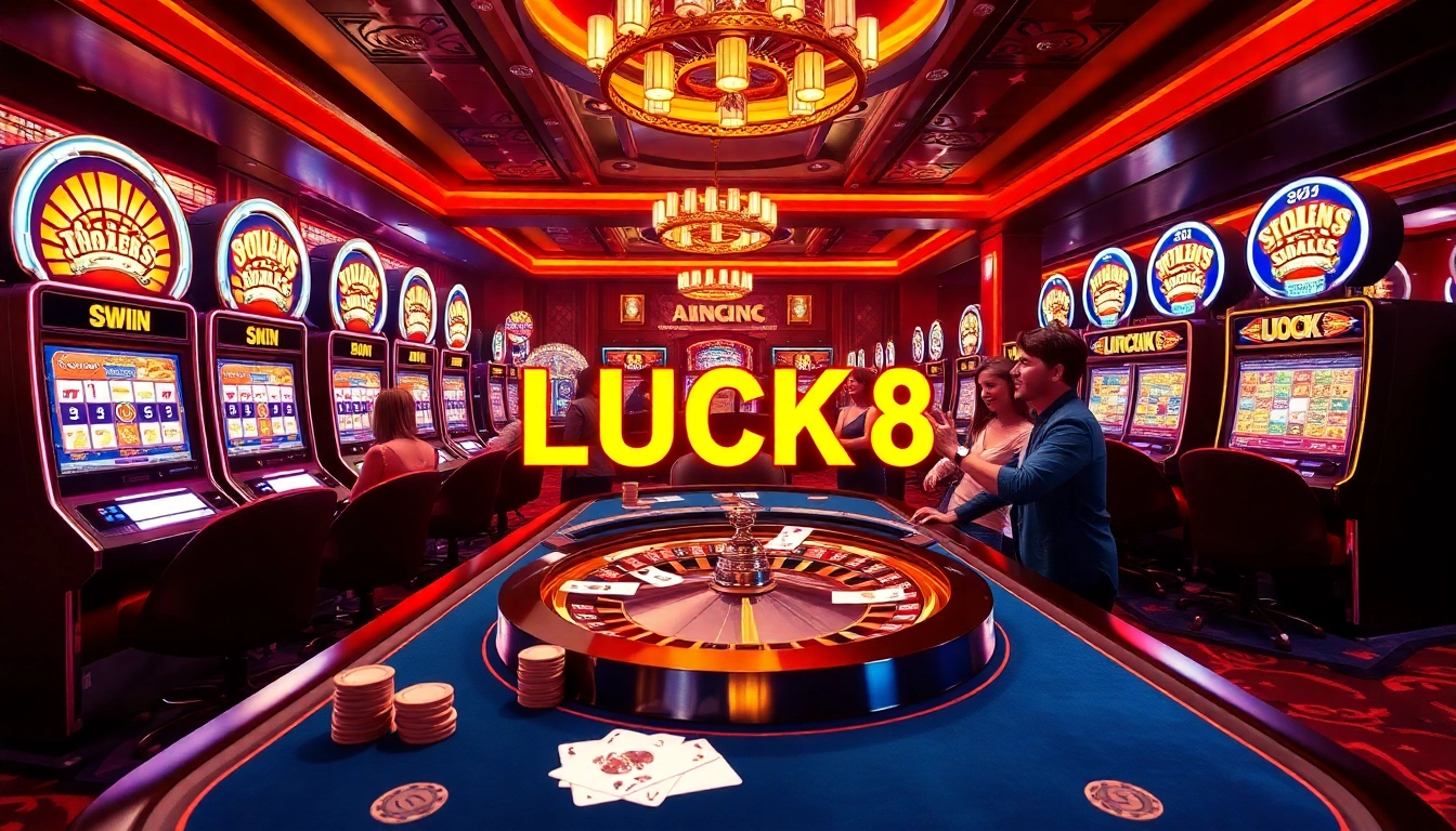 Những người cược LUCK8 ăn mừng tại một casino sôi động, trưng bày chip poker và máy đánh bạc.