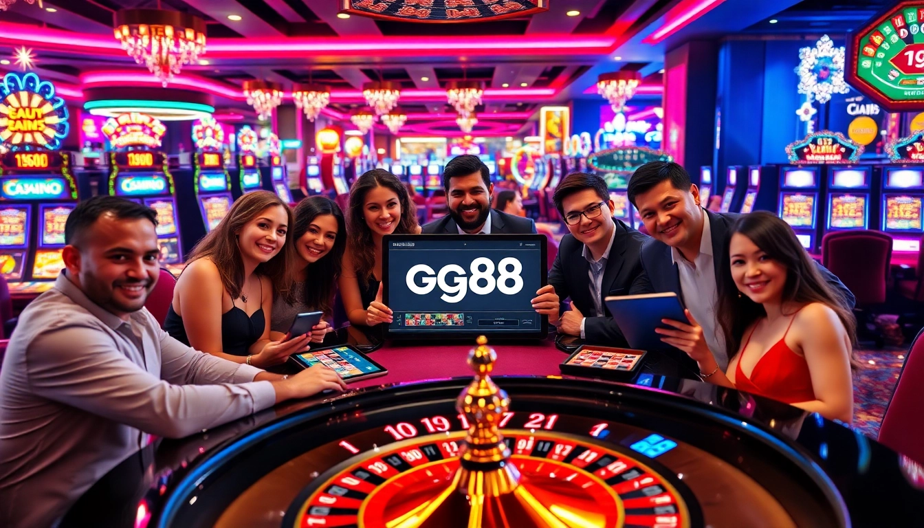 Players enjoying the thrill of gg88 gaming at a luxurious casino table with vibrant slot machines in the background.