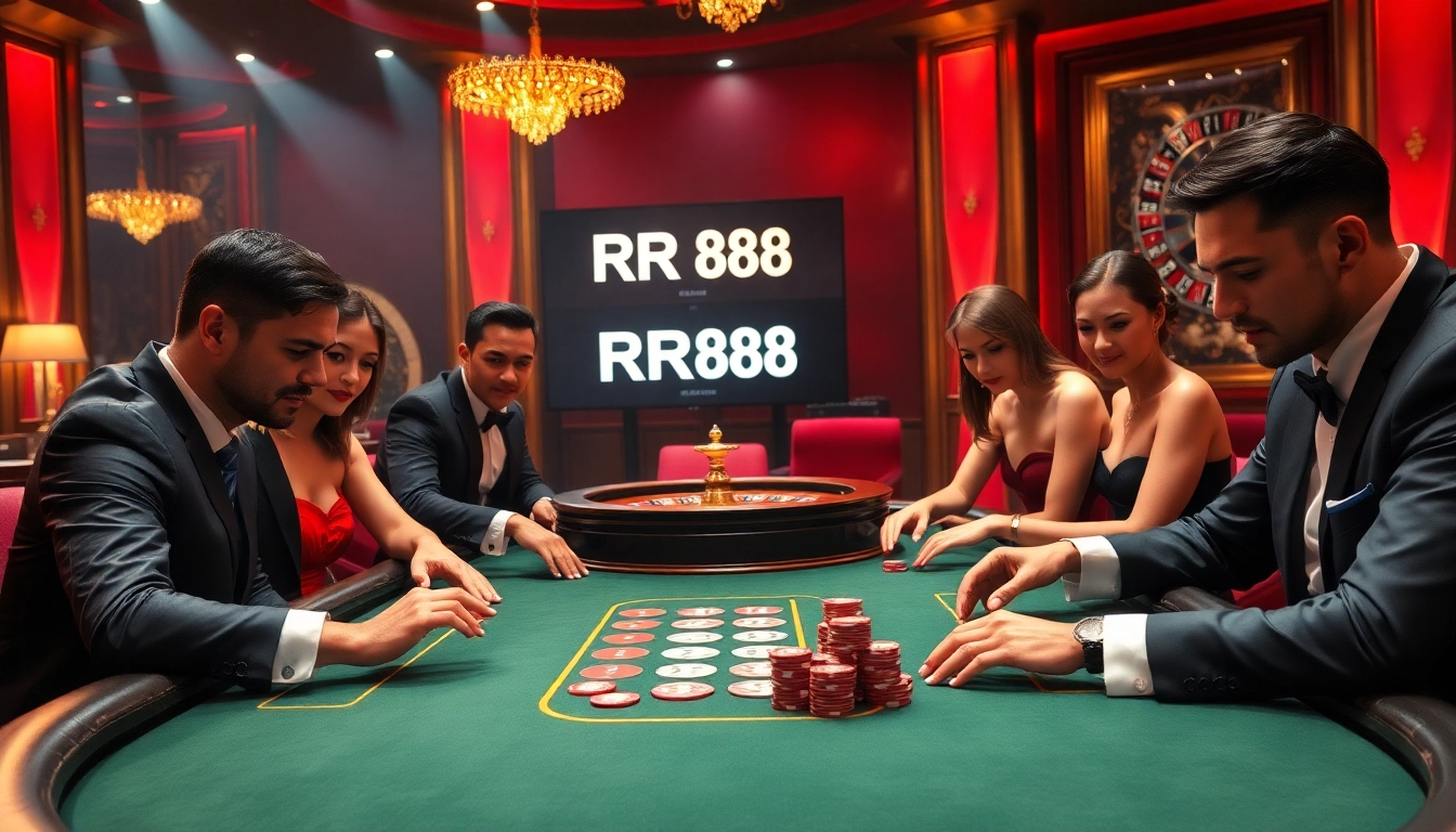 Players enjoy intense poker action at RR88, showcasing excitement in a luxurious casino setting.