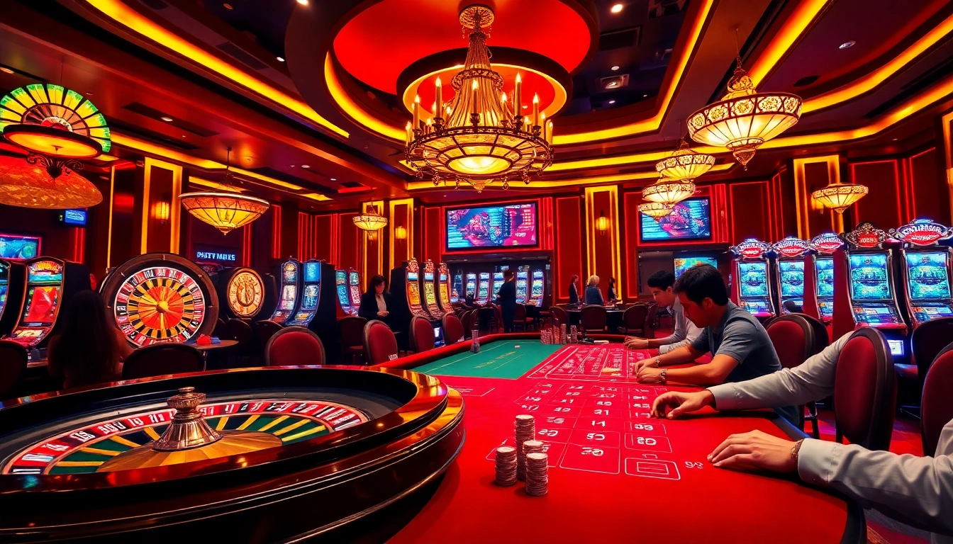 Experience the thrill of rr99 with vibrant gaming tables, chips, and illuminated slot machines in a luxurious casino.