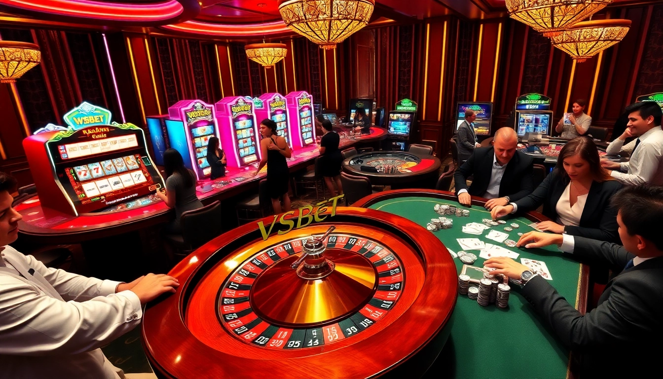Experience the excitement of VSBET with players around a roulette table and vibrant slots.