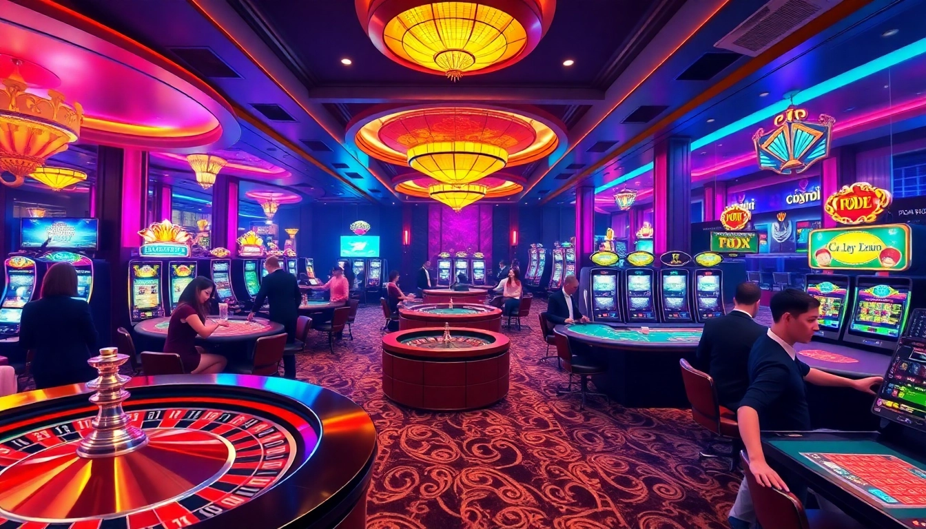 Players enjoying thrilling games at nhà cái FLY88 casino with poker tables and vibrant slot machines.
