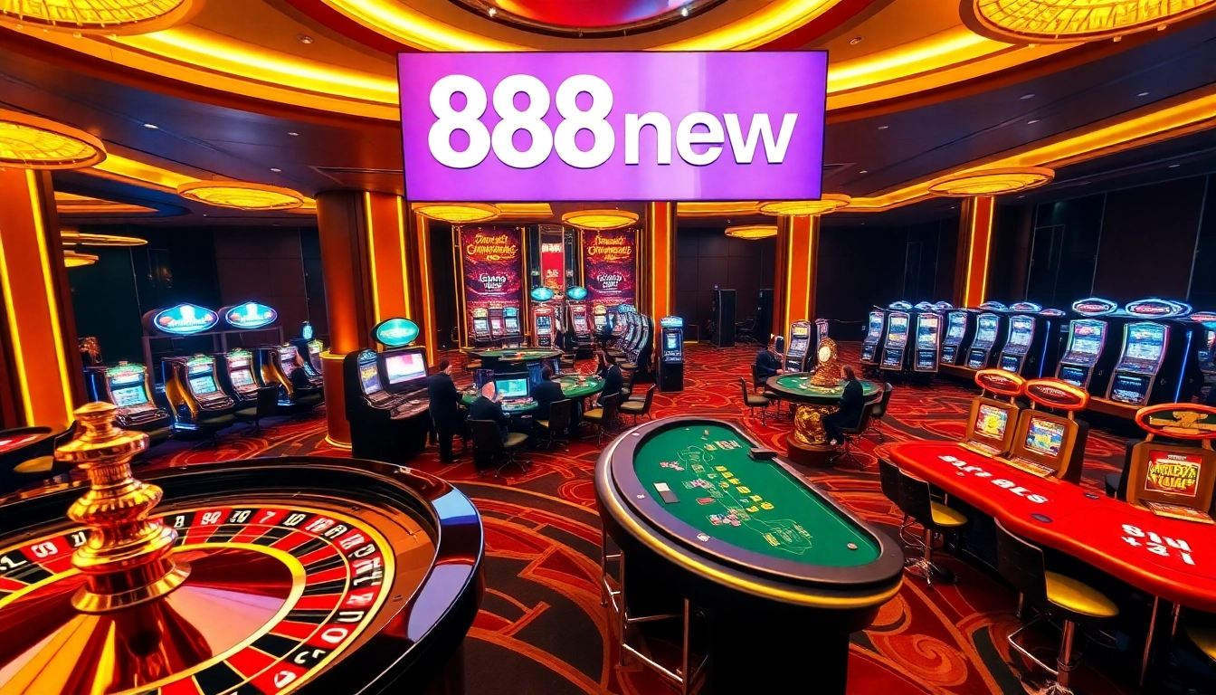 Players enjoying blackjack and roulette at a luxurious casino showcasing 888new logo.